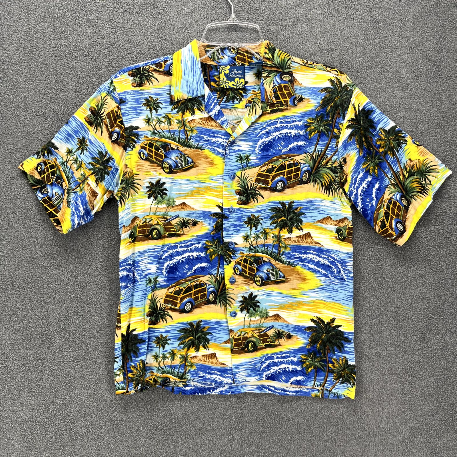 Liquid Hawaiian Shirt Junior Medium 10 12 Blue Yellow Cruise Surfboard Beach